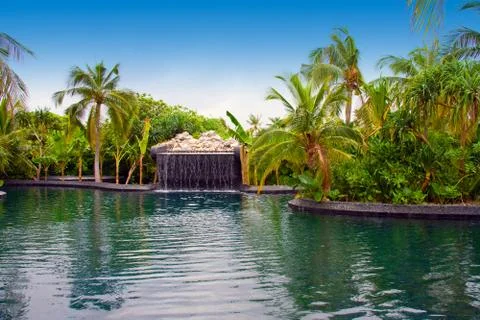 Maldives. .Pool with small fall in tropical garden. Stock Photos
