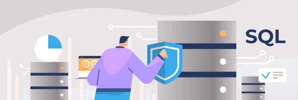 Male admin working with dataserver SQL structured query language concept Stock Illustration