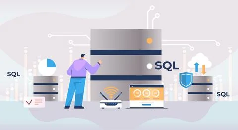 Male admin working with dataserver SQL structured query language concept 스톡 일러스트