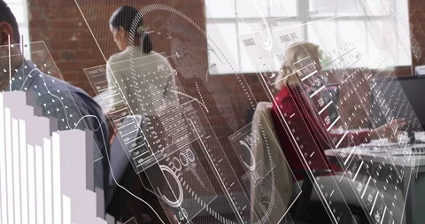 Male analyst opening report folder and generating floating business data while Stock Footage 314849028