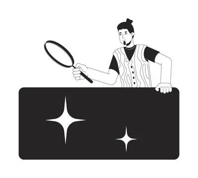 Male analyst researching data block black and white 2D line cartoon character Stock Illustration