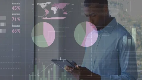 Male analyst tapping tablet and launching analytics HUD, analyzing data, charts 動画素材 333004746