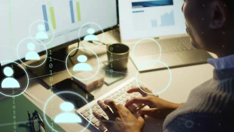 Male analyst typing on keys forming user nodes over screen pausing with palms Stock Footage 333790337