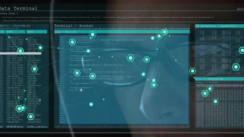 Male analyst watching tech console as code running, teal nodes clustering over Video stock 331757584