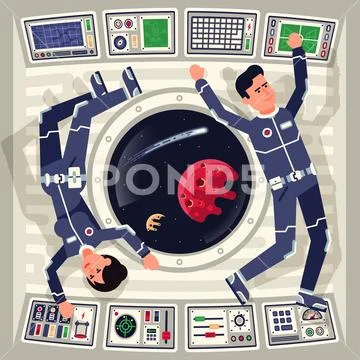 Male and female astronauts in zero gravity on a spaceship Stock Illustration