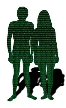 Male and female with binary code Stockillustratie