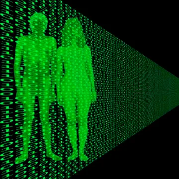 Male and female with binary code Stockillustratie