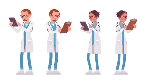 Male and female doctor standing with clipboard and tablet Stock Illustration