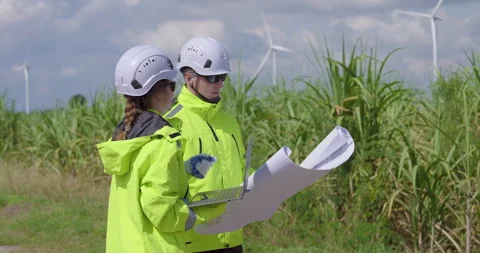 Male and female engineer analyzing blueprint discussing renewable energy Stock Footage 337163818