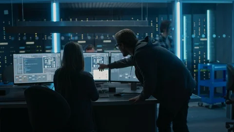 Male and Female Programmers Talking about Work, Solving Problems, Using Computer Stock Footage 103273551