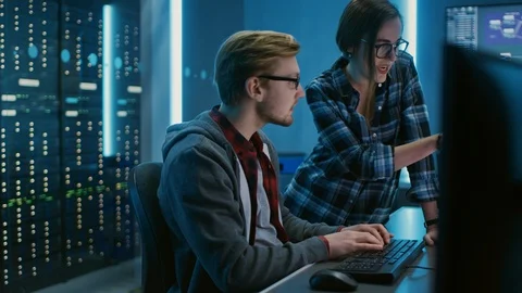 Male and Female Programmers Talking, Solving Problem, Using Computers. Software Stock Footage 103274803