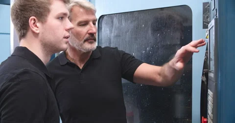 Male Apprentice Working With Engineer On CNC Machinery Video stock 56213600