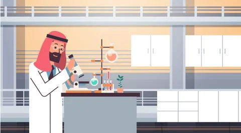Male arabic scientist working with microscope laboratory doing research arab man 스톡 일러스트