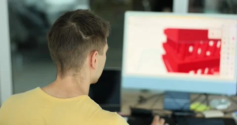 Male architect develops red house 3d model on computer 스톡 동영상 247321566