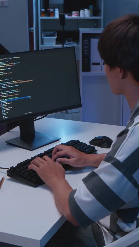 Male Asian IT freelancer programmer coding application software in room. Stock Footage 321321622