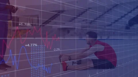 Male athlete doing hamstring stretch, fitness charts pulsing, updating after Stock Footage 312713948