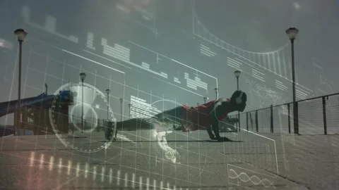 Male athlete doing push-ups on waterfront pier, with health tech HUD charts and Vidéo 308152541