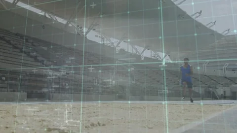 Male athlete jogging track using takeoff board causing training leap into sand Stock Footage 330718290
