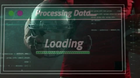 Male athlete lifting helmet as processing interface appearing with loading bar Stock Footage 320088991