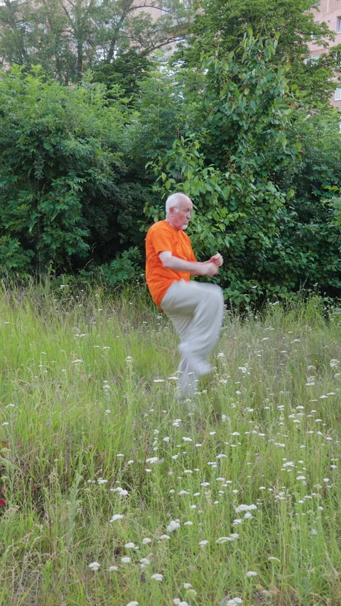 Male athlete performs straight kicks and punches against a natural backdrop Stock Footage 315212983