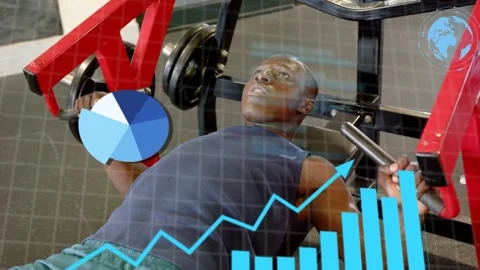 Male athlete pressing on red machine in gym, overlay appearing over chest Stock Footage 333894360