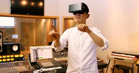 Male audio engineers virtual reality headset Stock Footage