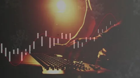 Male audio operator touching faders, adjusting knobs, animated waveform sweeping Stock-Footage 332566183
