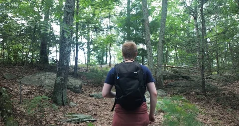 Male with backpack makes it to the top of mountain on trail with blinding light. Stock Footage 112471417