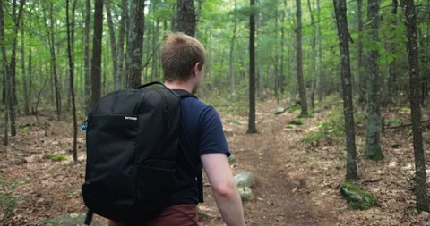 Male with backpack tracking through dense green mountain trail Stock Footage 112470908