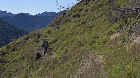 Male backpacker walking on a mountain track towards the viewer. Stock Footage 252586802