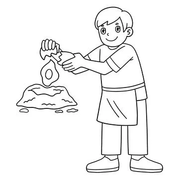 Male Baker Cracking Eggs into the Flour Isolated Stock Illustration