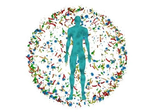 Male body,man surrounded by microbiome cloud of microbes. 3d rendering Illustrazione stock