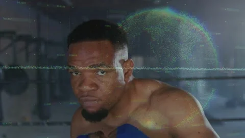 Male boxer jabbing camera, training punches and defending in ring, scan-line Stock Footage 333893761