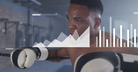 Male boxer pausing between rounds, leaning on ropes, animated sports analytics Video stock 323431842