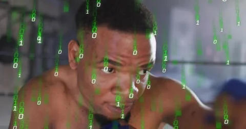 Male boxer throwing jab in ring slipping guarding blue wraps under binary Stock Footage 323479259
