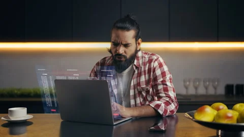 Male broker upset by program error on holographic screen during hacking attack 스톡 동영상 329506492