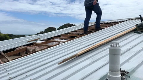 Male builder balancing on timber beams in an exposed roof Stock Footage 297222861