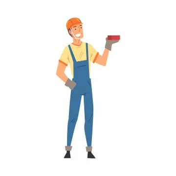 Male Builder, Construction Worker Character in Blue Overalls Standing with Brick Stock Illustration