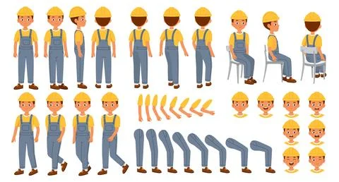 Male builder constructor. Happy man in hardhat. Pack of legs, hands and faces Stock Illustration