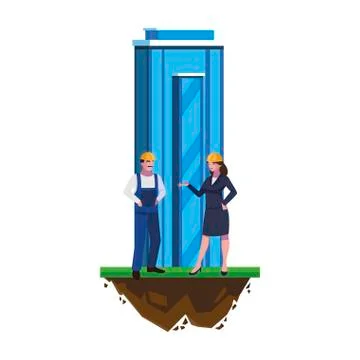 Male builder constructor with woman engineer and building Ilustración de archivo