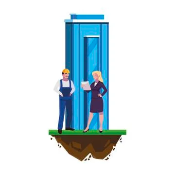 Male builder constructor with woman engineer and building Ilustración de archivo