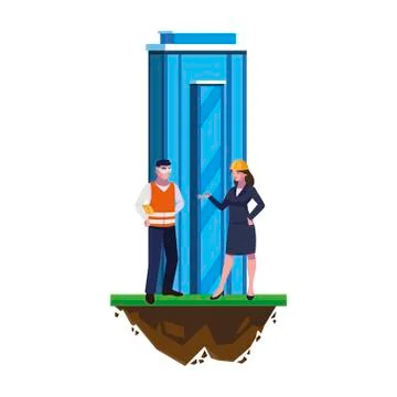 Male builder constructor with woman engineer and building Ilustración de archivo