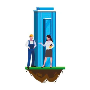 Male builder constructor with woman engineer and building Ilustración de archivo