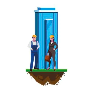 Male builder constructor with woman engineer and building Ilustración de archivo