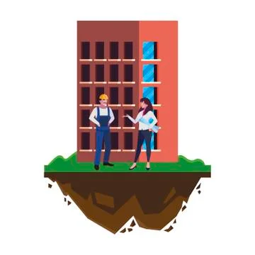 Male builder constructor with woman engineer and building Ilustración de archivo