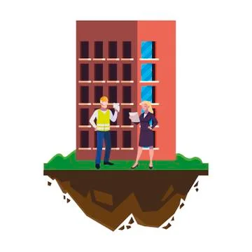 Male builder constructor with woman engineer and building Ilustración de archivo
