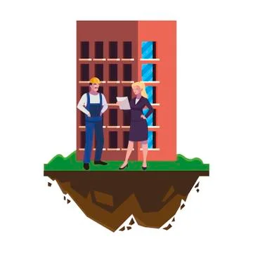 Male builder constructor with woman engineer and building Ilustración de archivo
