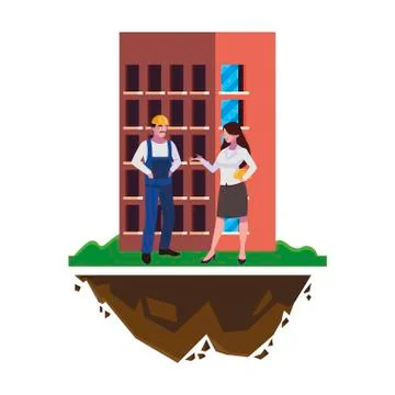 Male builder constructor with woman engineer and building Ilustración de archivo