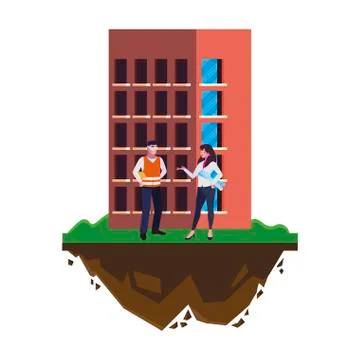 Male builder constructor with woman engineer and building Ilustración de archivo