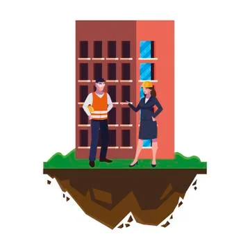 Male builder constructor with woman engineer and building Ilustración de archivo